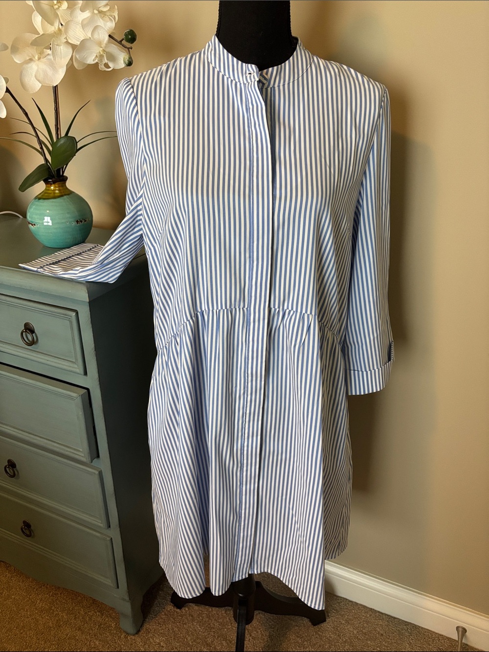 TUCKERNUCK Blue Stripe Royal Button Down Shirt Dress. Roomy Size Medium. EUC - Picture 3 of 12